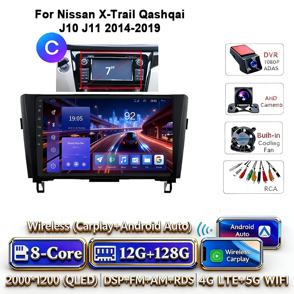 8-Core Android 17 2Din autoradio voor Nissan X-Trail Qashqai J10-J11 2014-2019 draadloze Carplay 4G GPS DSP BT dubbele lens