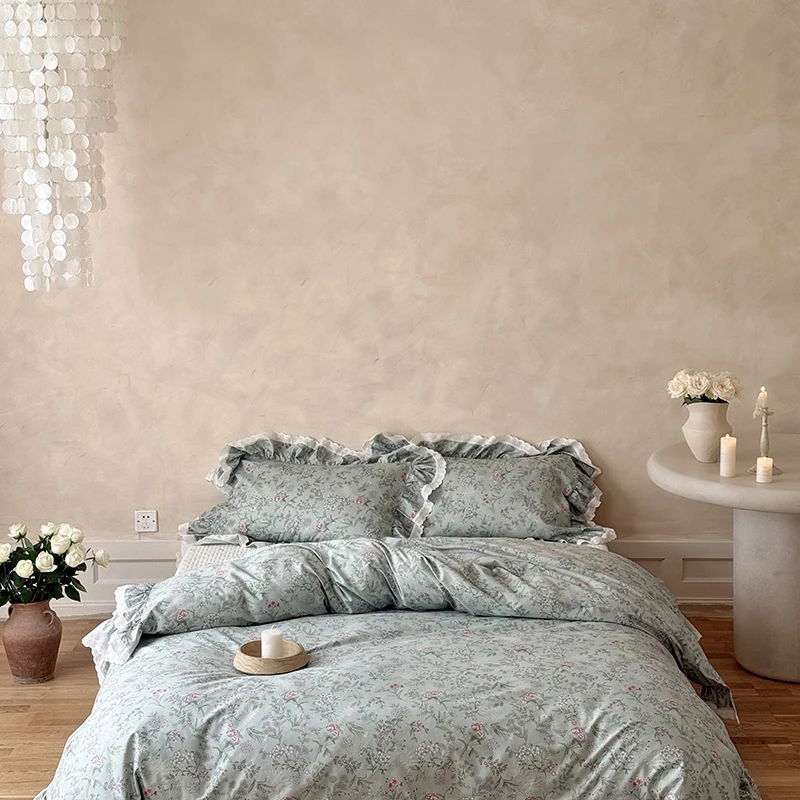 100% Cotton French Pastoral Flowers Print Ruffles Princess Bedding Set Duvet Cover Quilted Bedspread Bed Skirt Pillowcases 4Pcs