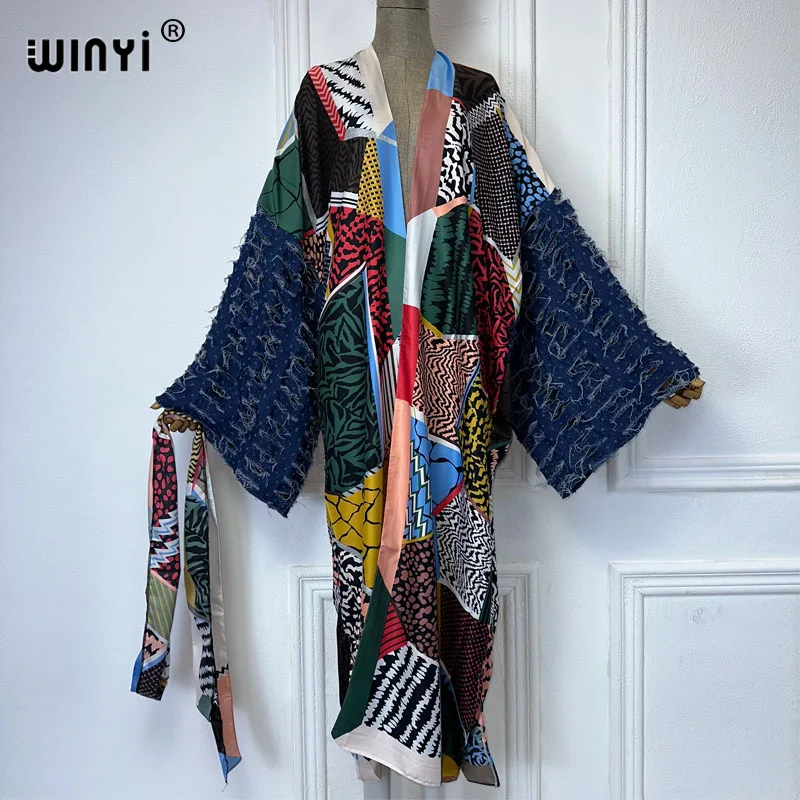 WINYI Fashion print Self Belted dress Women Elegant Summer holiday Bubble sleeve cardigan beach Wear Swim Suit cover up kimono