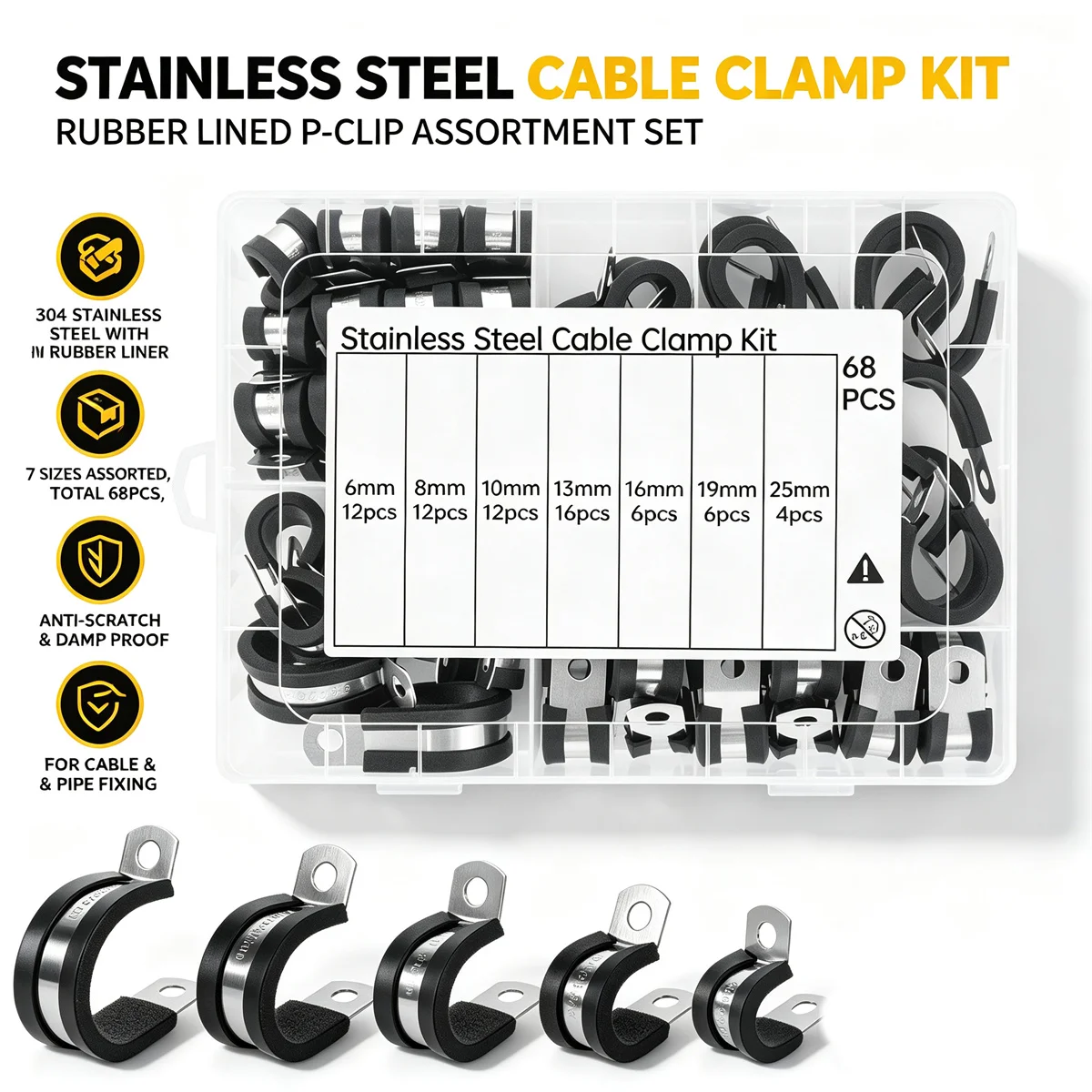 68Pcs 304 Stainless Steel Rubber Cushioned Cable Clamp Kit R Type Pipe Tube Wire Clip for Marine Automotive Hose Wire Management