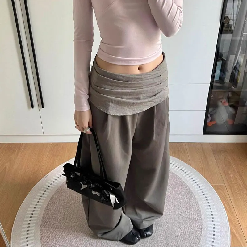 Women Fold Over Waist Pleated Wide Leg Suit Pants Double Layer Wrap Waist Autumn Casual Floor Length Loose Drape Trousers