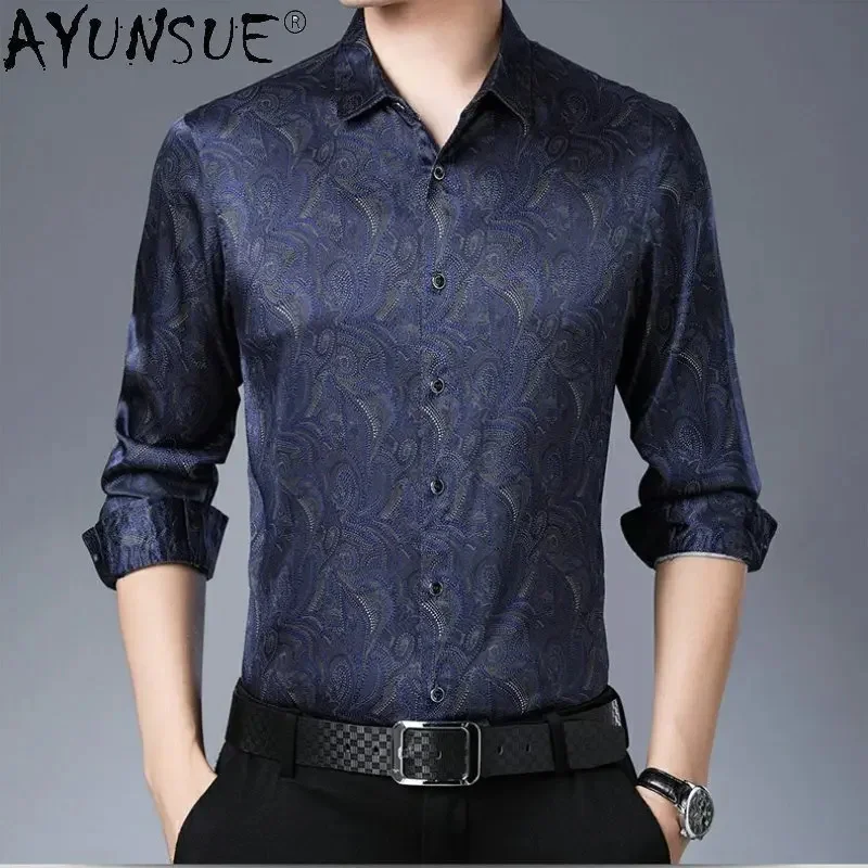 AYUNSUE 92%Mulberry Real Silk Long Sleeve Shirt Men's Clothing Satin for Loose Casual Print Ropa Hombre