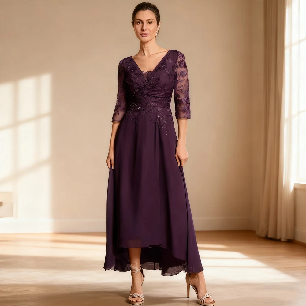 

Charming Mother of the Bride Dresses Purple Wedding Party Gowns Zipper Back 3/4 Sleeve New 2025 Vestido De Customized