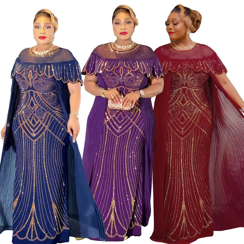 

Elegant African Dresses for Women Plus Size Diamonds Outfits Evening Party Dress Dashiki Ankara Sleeveless Gown African Clothes