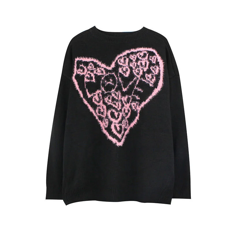 

Love smiley winter plus velvet goth punk sweater 90svintage Harajuku hip-hop streetwear Y2k gothic punk casual pullover kawaii