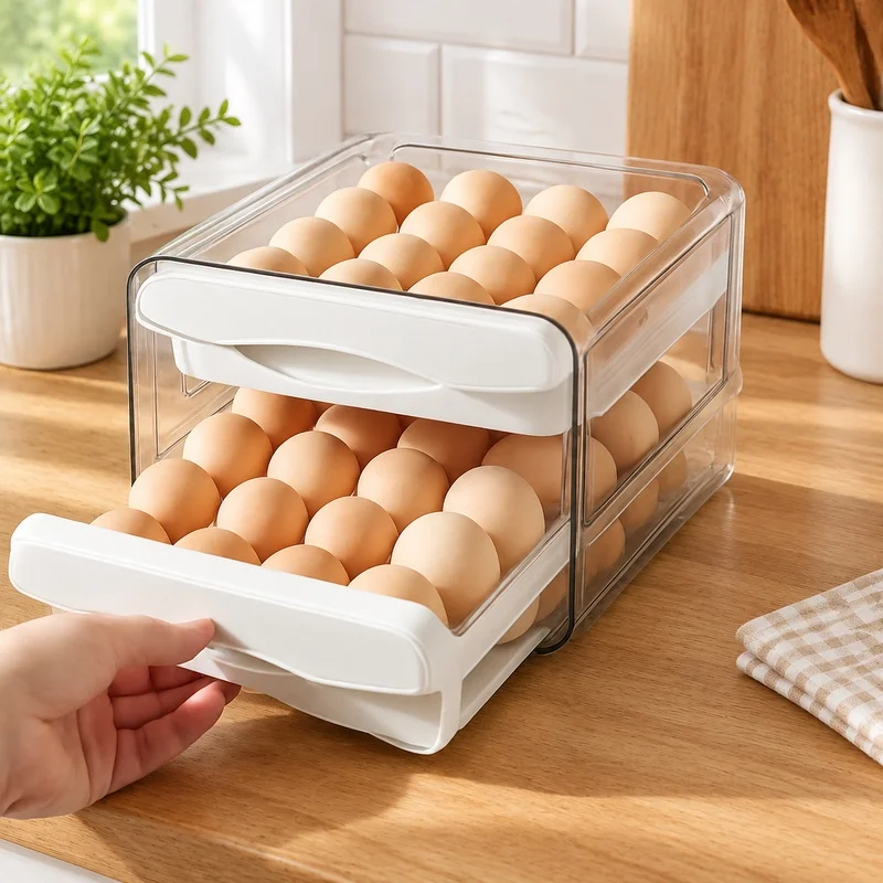 Two-Layer Plastic Egg Storage Container for Refrigerator with High Capacity Kitchen Organizer