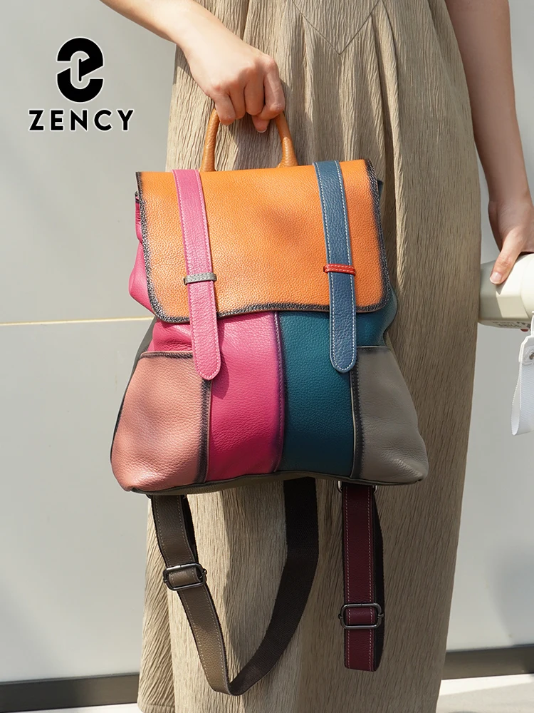 Zency Stylish Women's Backpack Genuine Leather Large Capacity Rucksack Fashion Shoulder Colorful Knapsack for Travel Shopping