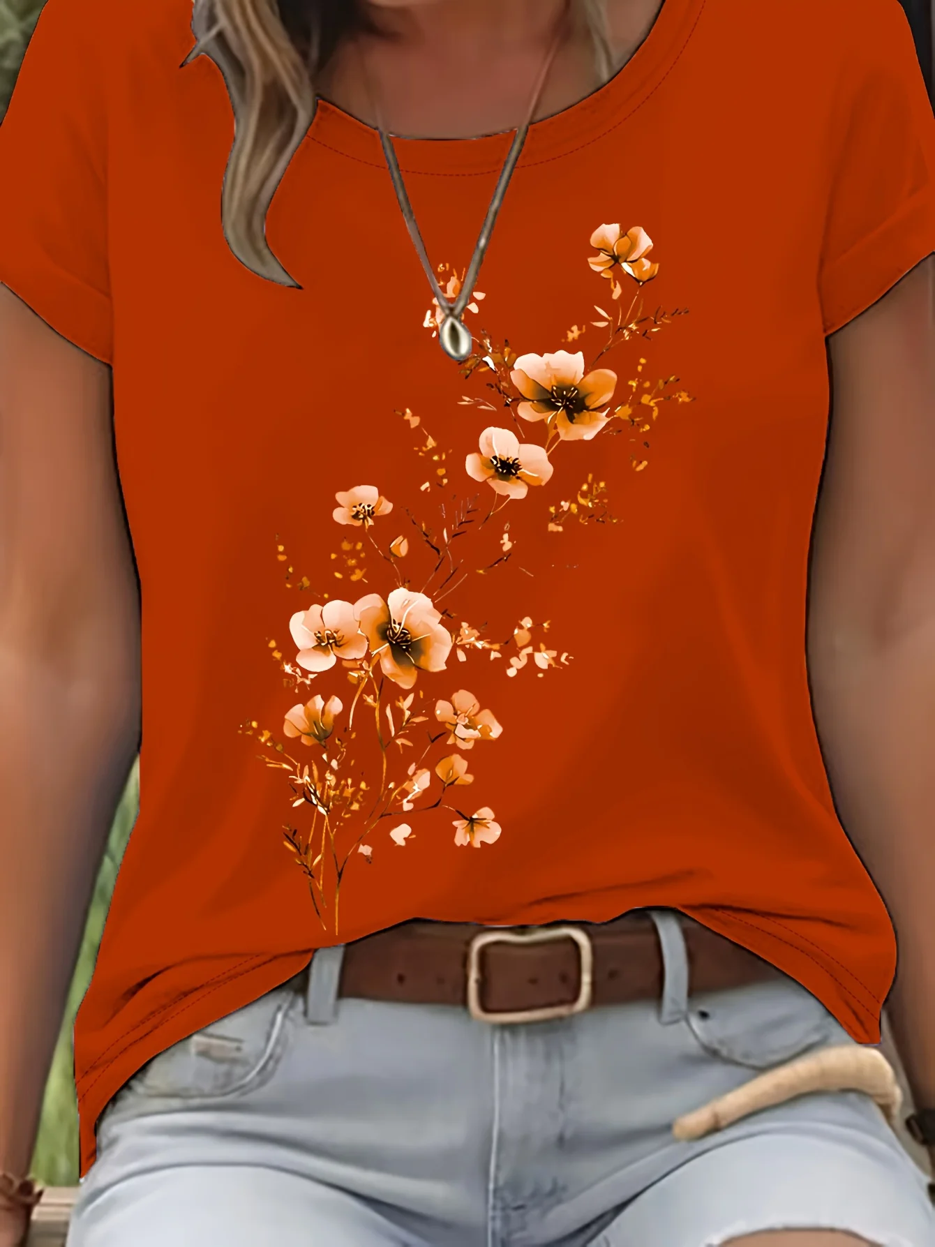Purple Floral Branch Women's Tee - Delicate Watercolor Flower Graphic, Casual Light Purple Top image 5