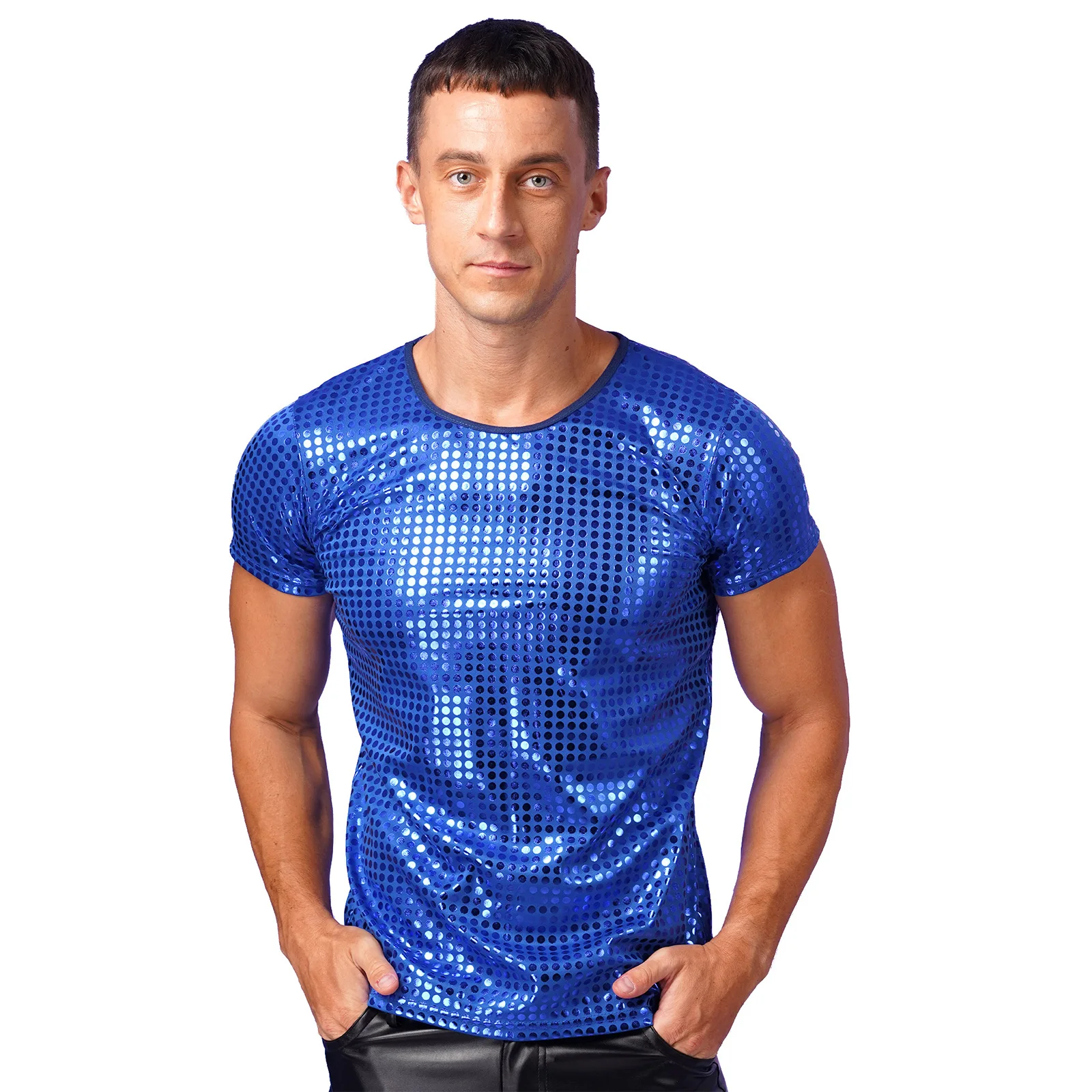 Mens Modern Jazz Dance Performance Costume Sparkle Sequin Dot T-Shirt Tops Round Neck Short Sleeve Nightclub Rave Costumes