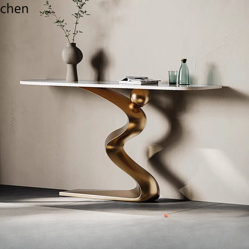 ultra-thin and ultra-narrow entrance table light luxury home rock slab stainless steel art extremely narrow entrance table