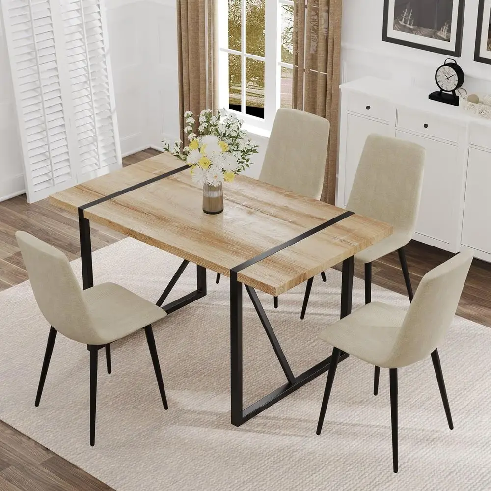 4-Piece Wooden Dining Set with Fabric Chairs for Kitchen and Dining Room, Easy Assembly