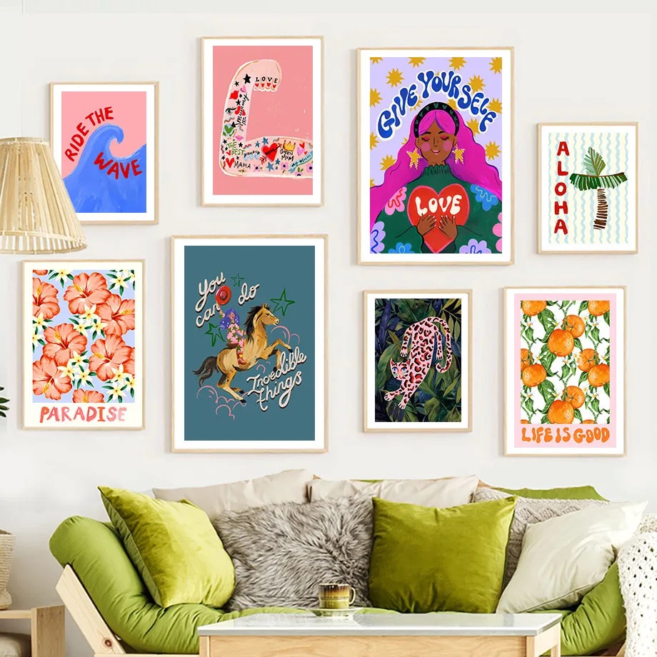 Abstract Girl Statue Leopard Wave Flower Orange Wall Art Canvas Painting Nordic Posters And Prints Picture For Living Room De