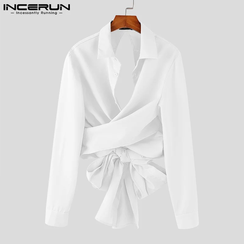 INCERUN Men Fashionable Shirts Turn Down Collar Long Sleeve Button Down Backless Tops Back Hollow Out Lace Up Bow Knot Blouse