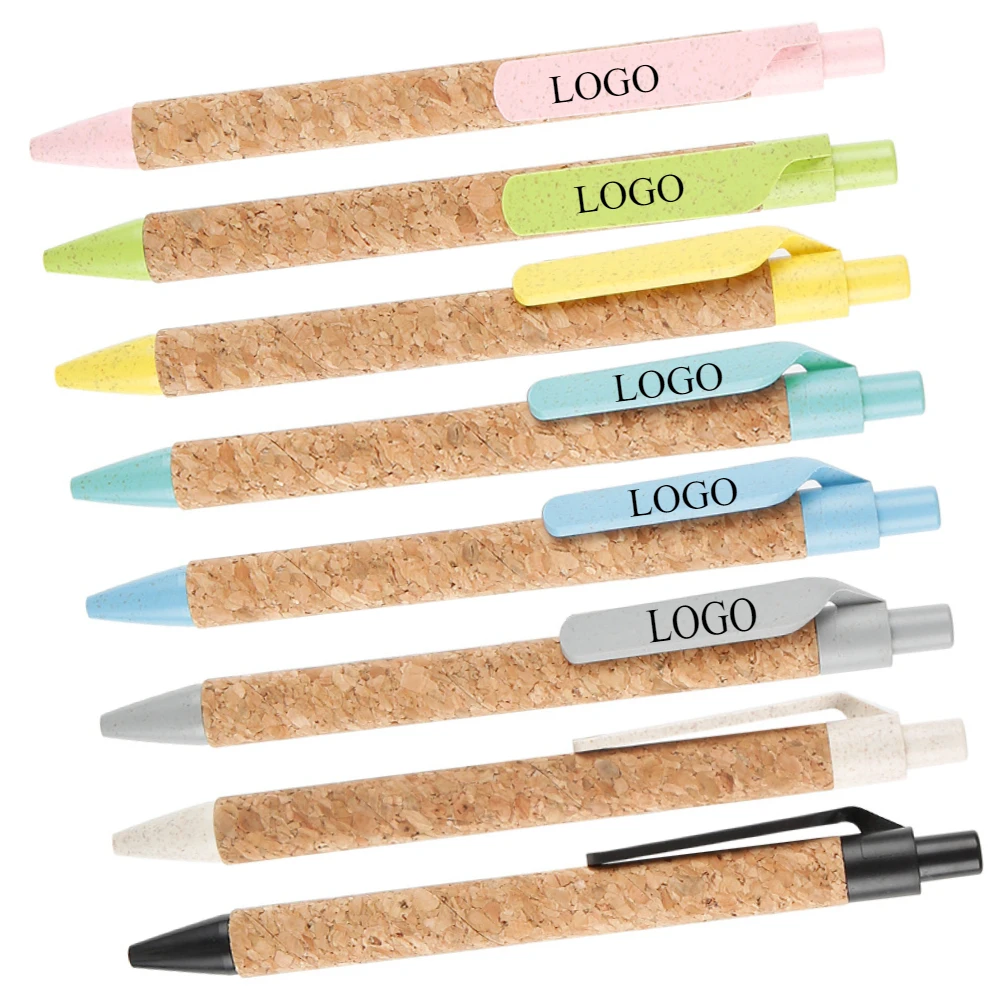 100Pcs Environmentally friendly biodegradable wheat straw Ballpoint pen patterned paper tube cork pen advertising ballpoint pens