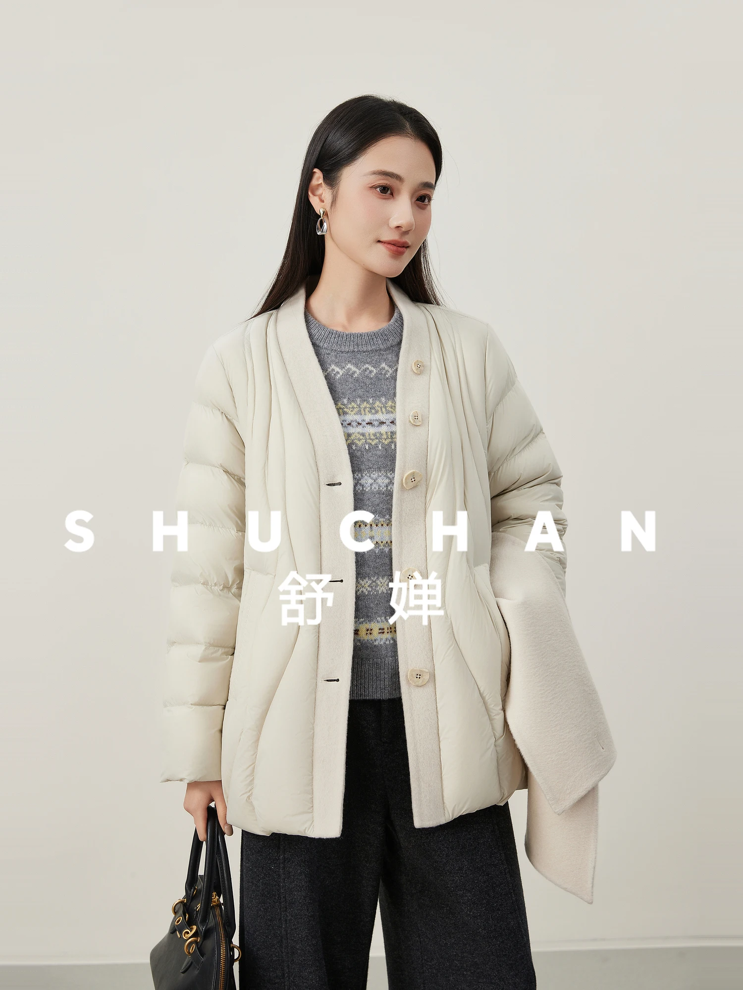 Elegante e ampio 90 piumino d'anatra bianco artistico trapuntato sciarpa di lana rimovibile piumino da donna Casacos De Inverno Feminino