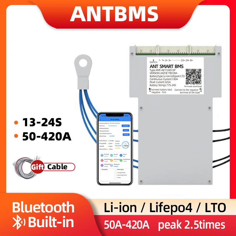 ANT SMART BMS 13S to 24S Li-Ion LiFePo4 LTO Battery 50A 100A 340A 420A 1050A 36V 48V 60V Bluetooth Built-in smart Balance Board