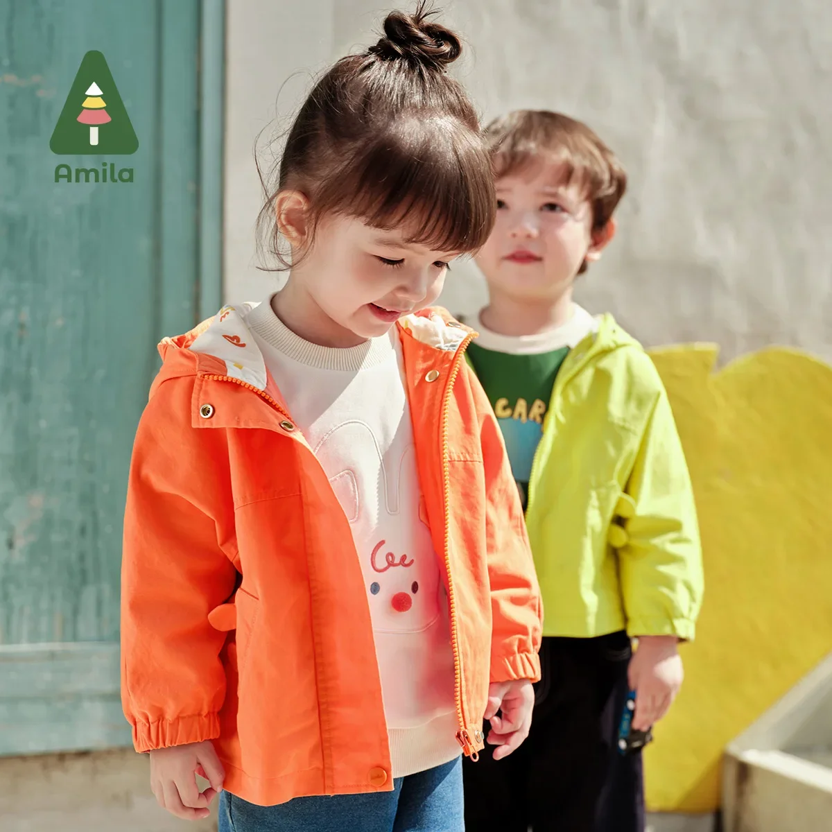 Amila Baby Outerwear 2024 Spring New Embroidery Casual Pure Cotton Windproof Girls & Boys Hooded Trench Coat