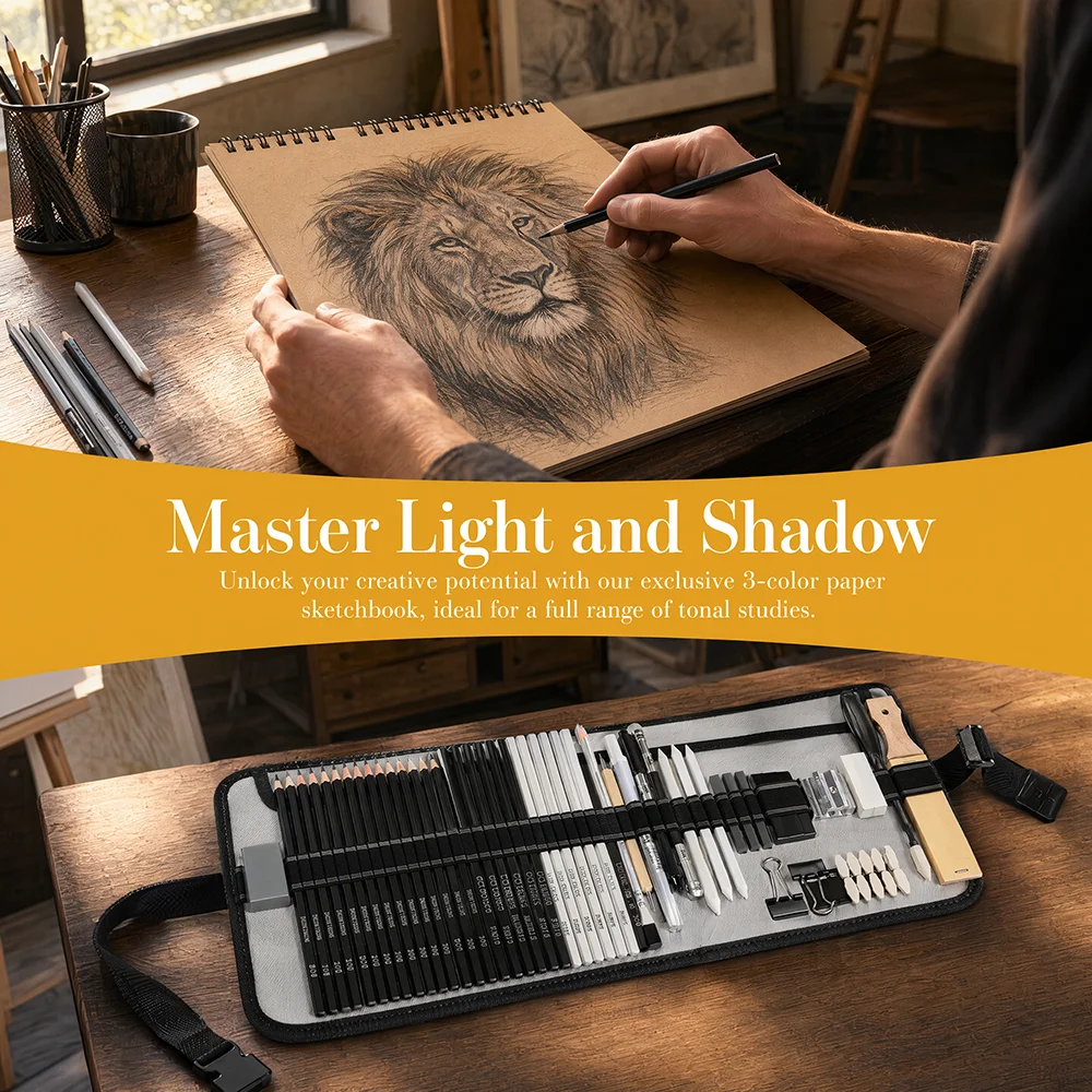 Premium 60PCS Pro Drawing Kit, Complete Sketching Set Featuring Charcoal Sticks, Sketch Pencils & Essential Art Tools, Ideal for Shading, Portrait Drawing & Art Projects