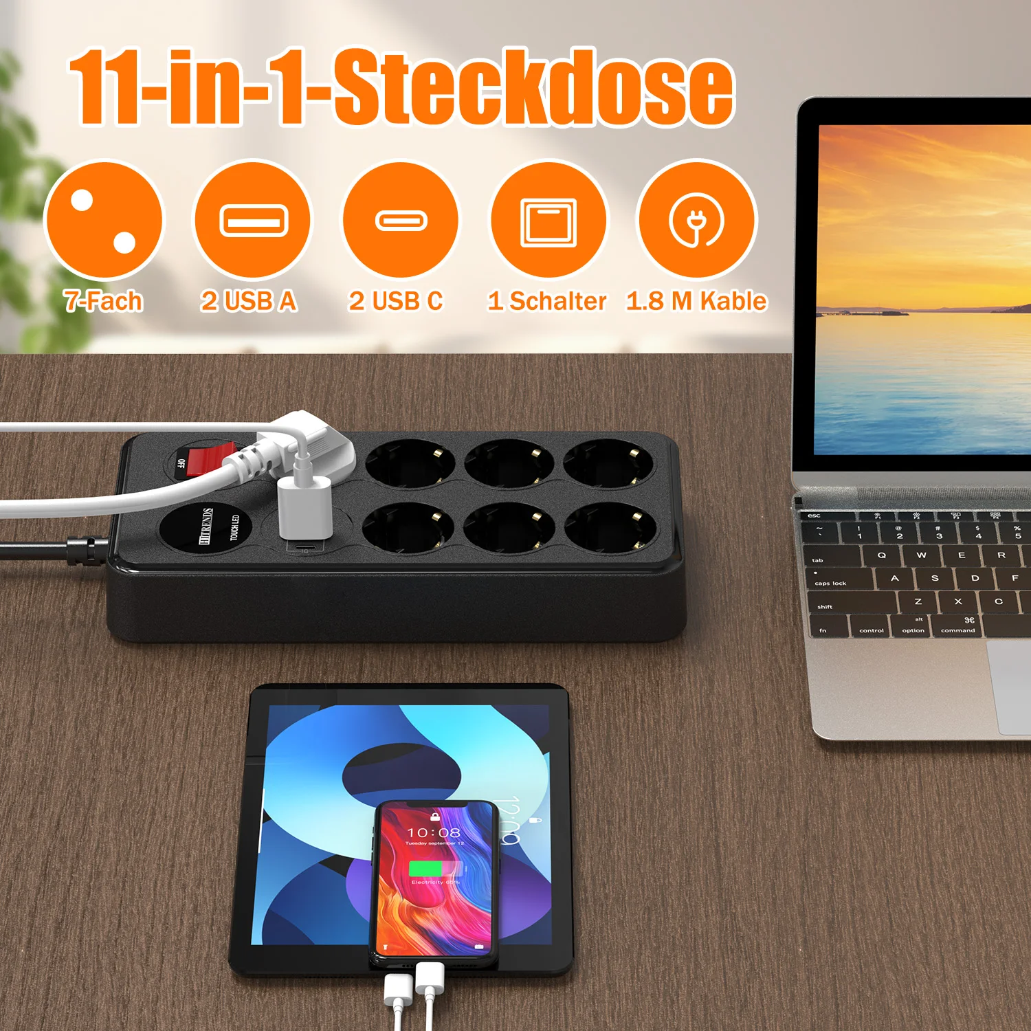 11-in-1 multi-functional socket board, 7AC+4USB fast charging, 1.8-meter long cable touch LED, multiple safety protections