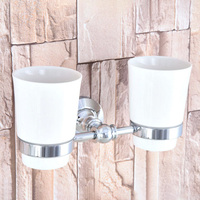 Bathroom Polished Chrome Toothbrush Holder + Two Ceramic Cups Wall Mounted Bathroom Accessories Nba798