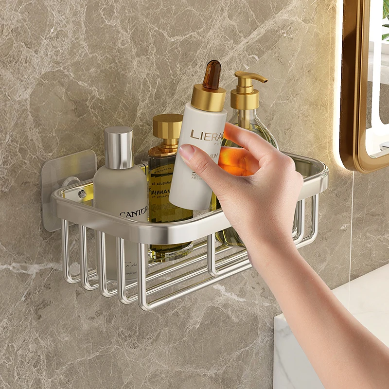 Estante de baño sin taladro, estantes montados en la pared, almacenamiento de champú, soporte cuadrado para ducha, organizador de baño de aluminio,