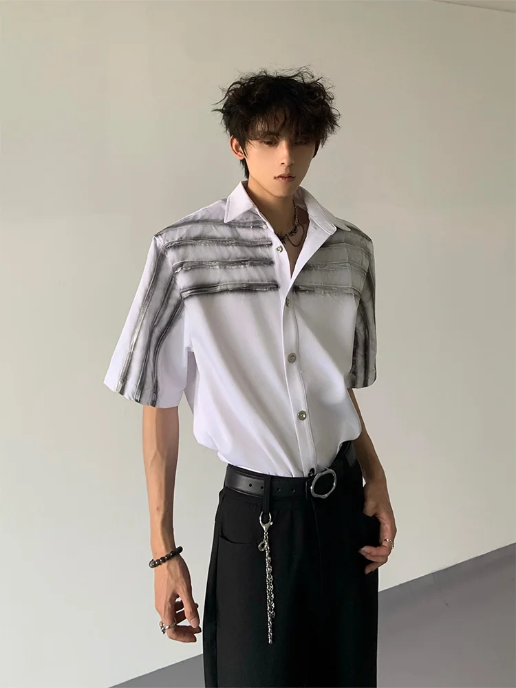

Hand-Painted Design Shoulder-Padded Short-Sleeve Men's Shirt Loose Fit Summer Style Cotton Polyester Blend Casual Shirt