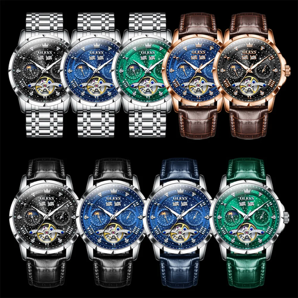 ساعة ماركة OLEVS Starry Sky ساعة ميكانيكية أوتوماتيكية بالكامل ساعة رجالية مجوفة للأعمال 6690