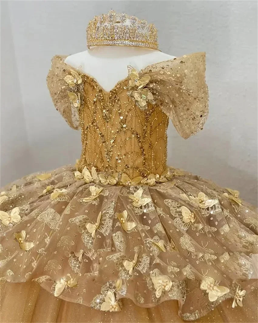 

Gold Flower Girls Dress Ball Gown Butterfly Shiny Sequins Baby Kids First Communion Dress Princess for Wedding Party Customized