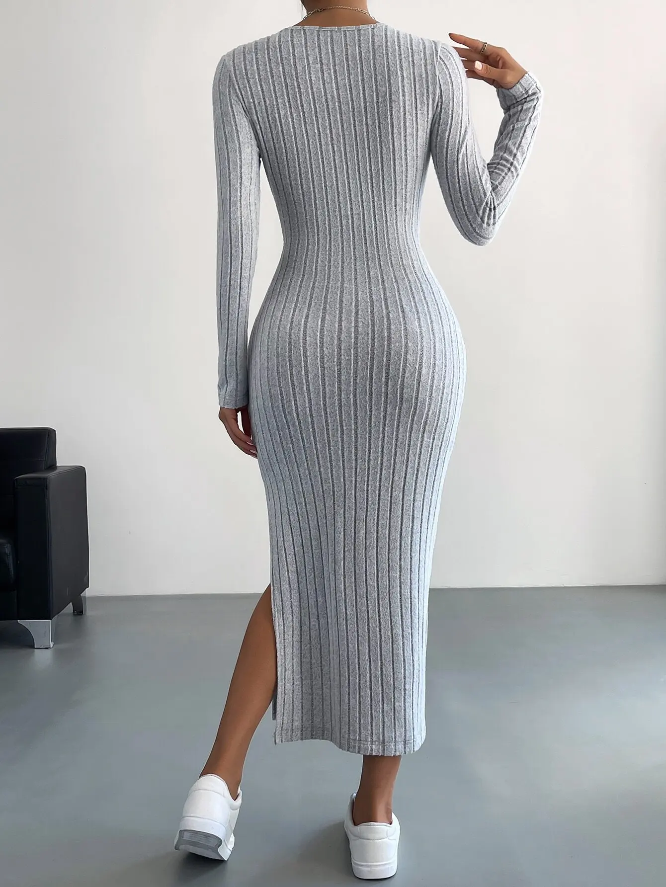 Women Long Sleeve Crewneck Sweater Dress Ribbed Knit Stretch Slim Fit  2024 NEW Fall Outfits, slit cut, hip hugging