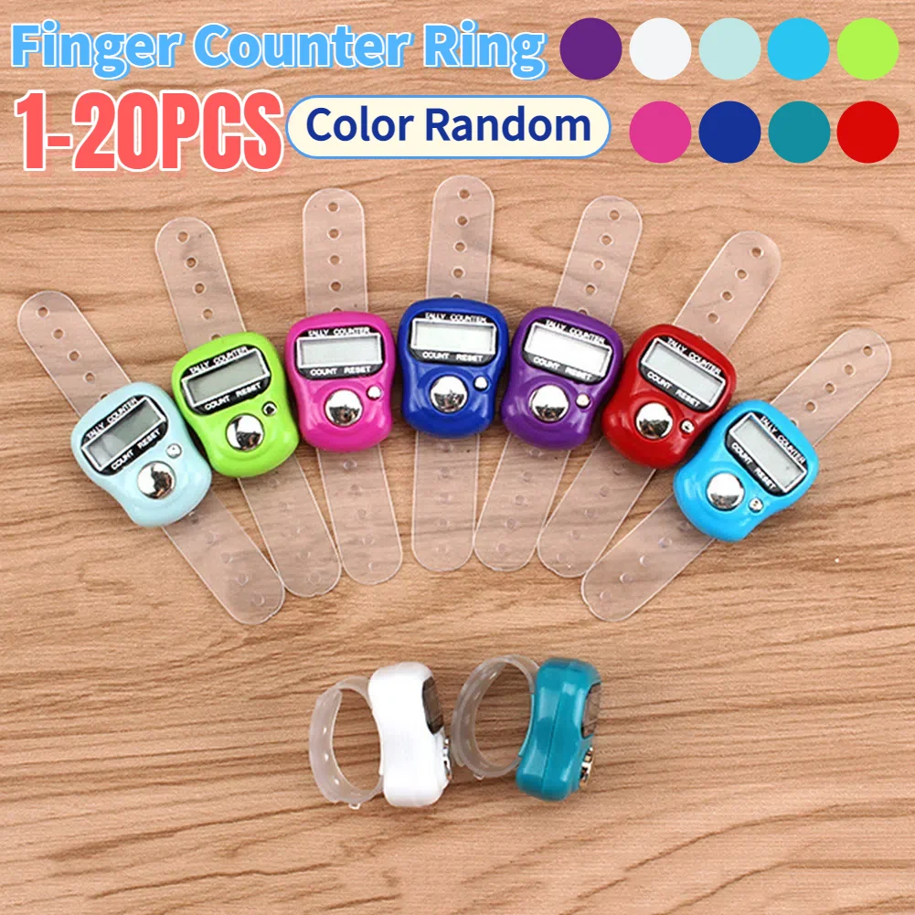1–20 Stück Fingerzähler-Ring, 5 digitale LEDs, elektronischer Hand-Tally-Zähler, Clicker-Zähler mit islamischer Tasbih-Perle, zufällige Farbe
