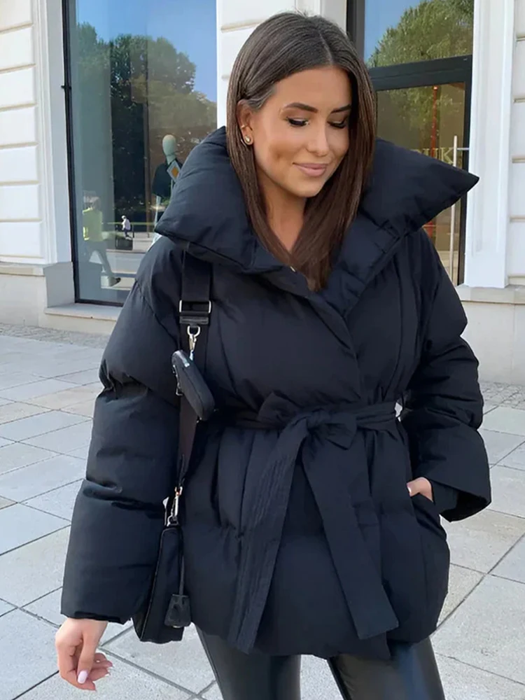 Women Solid Fashion Lapel Tie-up Cotton Coat Long Sleeved Waist Cinched Warm Loose Jacket Lady Casual Commute Winter Outwear 20 Sd7eb07dbabdd45769e5ad81a08455adfy