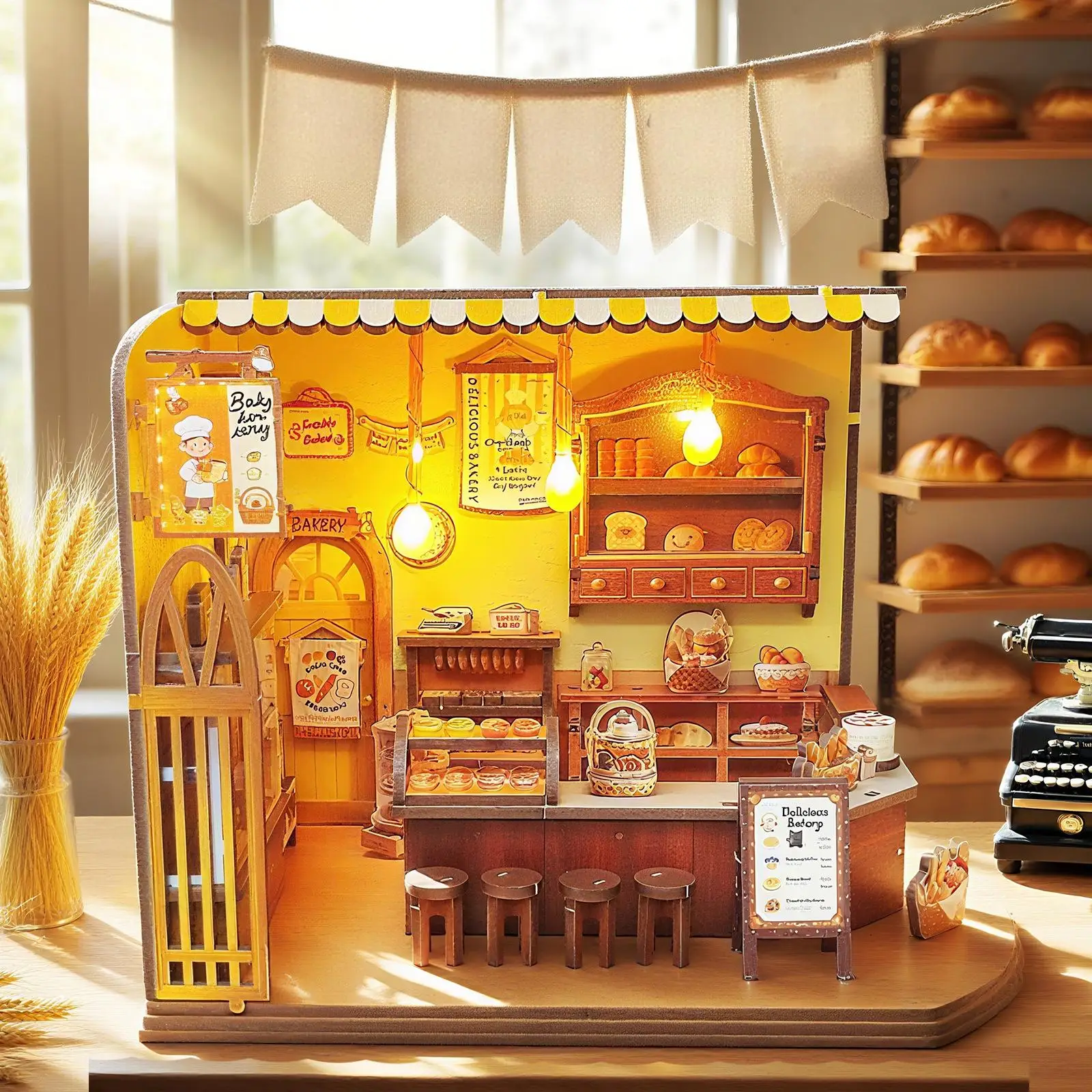 

OUZEY 3D деревянный набор кукольного домика «Старый мир пекарни» своими руками — с мебелью и подсветкой, ностальгическая миниатюрная модель и подарок