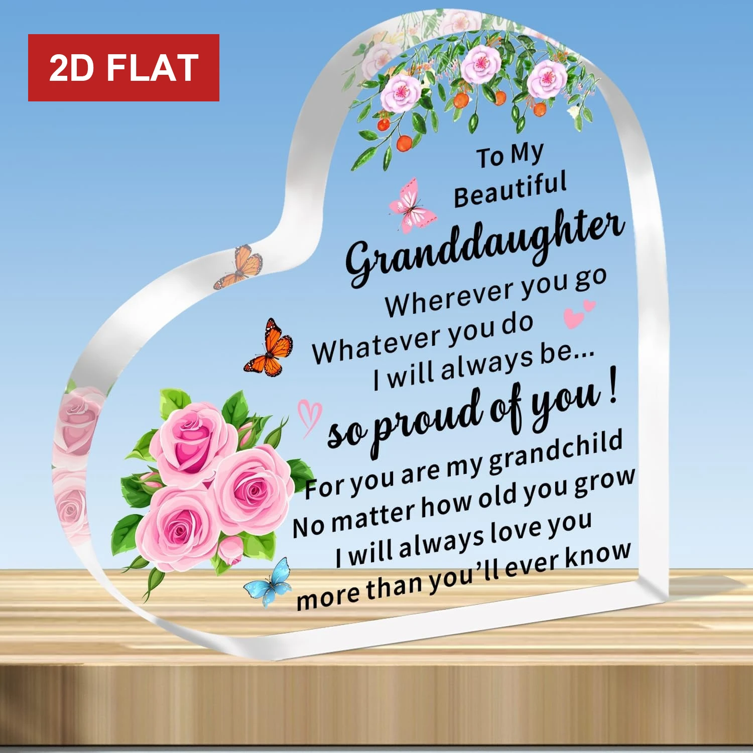 To My Granddaughter Heart‑Shaped Acrylic Plaque, Pink Rose Butterfly Sentimental Keepsake Gift,Pink Roses & Butterflies Heart Acrylic Keepsake Plaque, Sentimental Grandchild Table Ornament