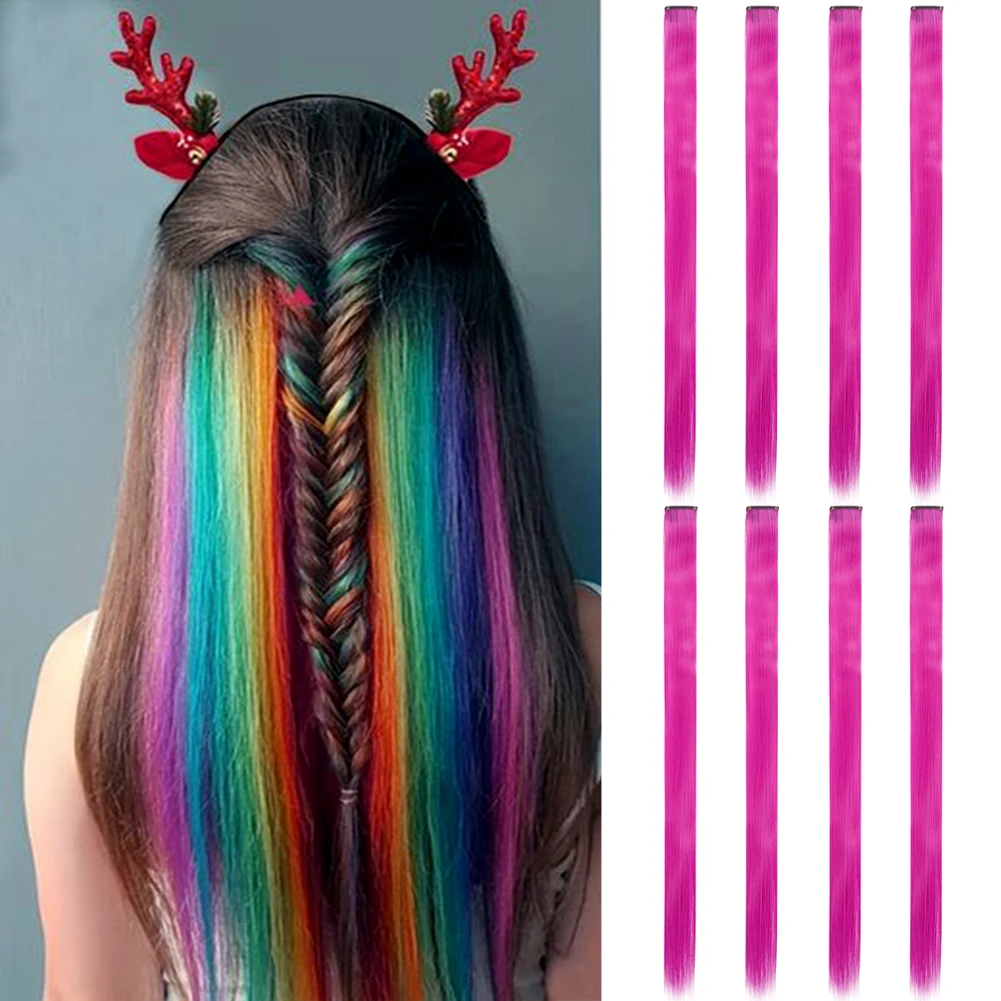 

Colored Hair Extensions 8 Pcs/Pack Multi-colors Party Highlights Clip in Synthetic Hair Extensions 22 inch Rainbow Hairpieces