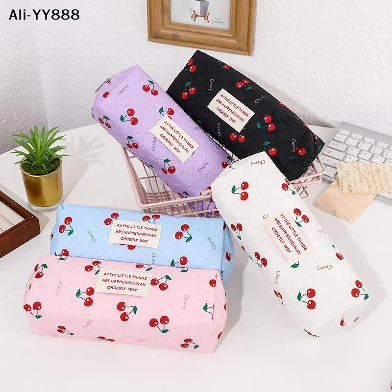 【Ay】Red Cherry Portable Student Pencil Bag Stationery Bag High Beauty Large Capacity Zipper Storage Bag Student Supplies White