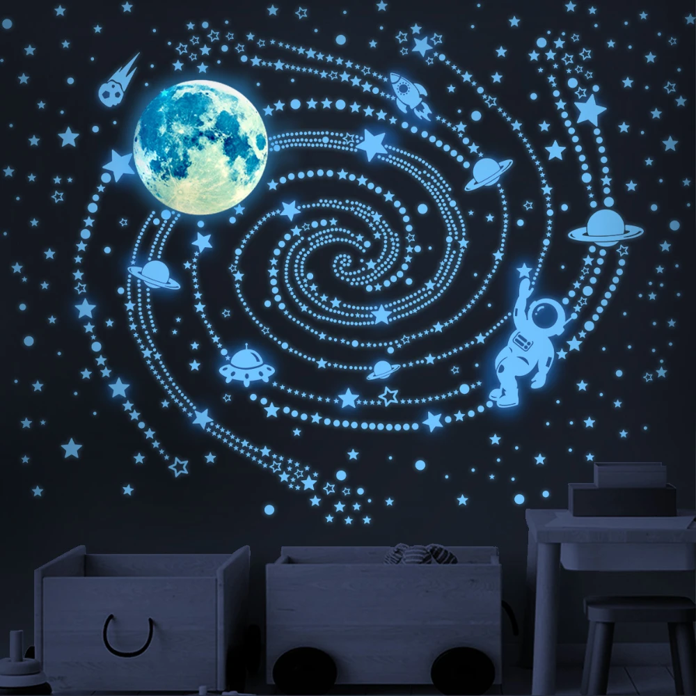 1513pcs Glow in the Dark Sky Blue Stars Outer Space Planet Wall Stickers Galaxy Universe Wall Decal Solar System Rockets Decor