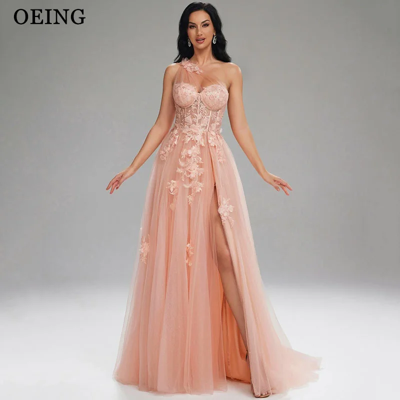 

OEING A-Line Pink Prom Dress Elegant One Shoulder Party Gowns Flowers Floor-Length Side Slit Evening Dress Customized