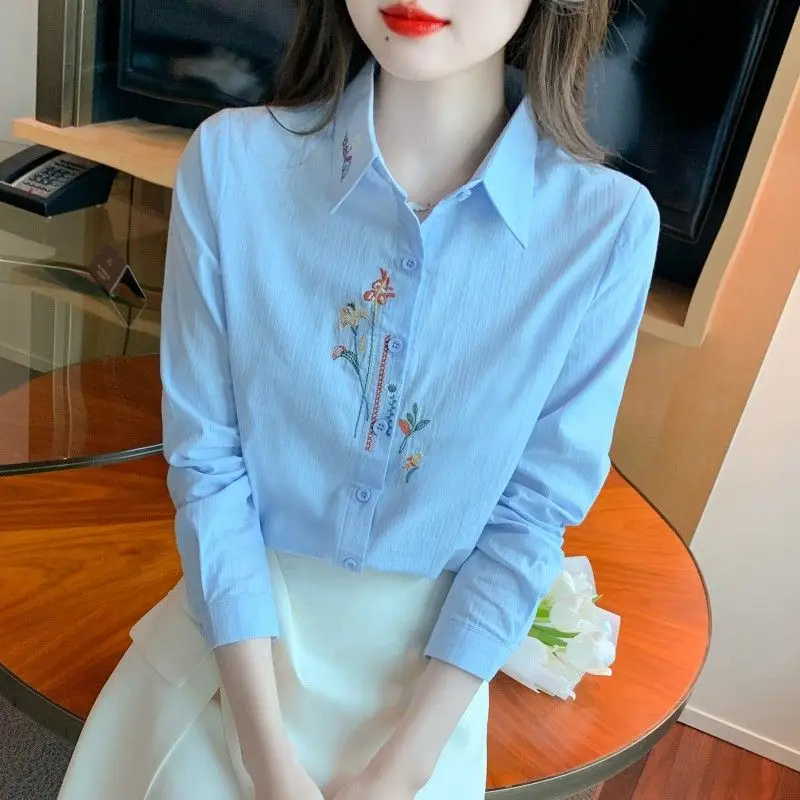 Spring Autumn New Fashion Turn-down Collar Long Sleeve Blouses Women\'s Clothing Embroidered Korean Simplicity All-match Shirts