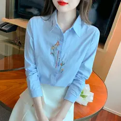 Spring Autumn New Fashion Turn-down Collar Long Sleeve Blouses Women's Clothing Embroidered Korean Simplicity All-match Shirts