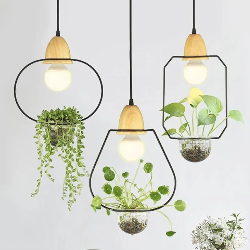 Art Decor Plant Pendant Light E27 Wood Base Creative Rustic Pot Culture Glass bowl HangLamp Decor Restaurant Cafe Kitchen Island