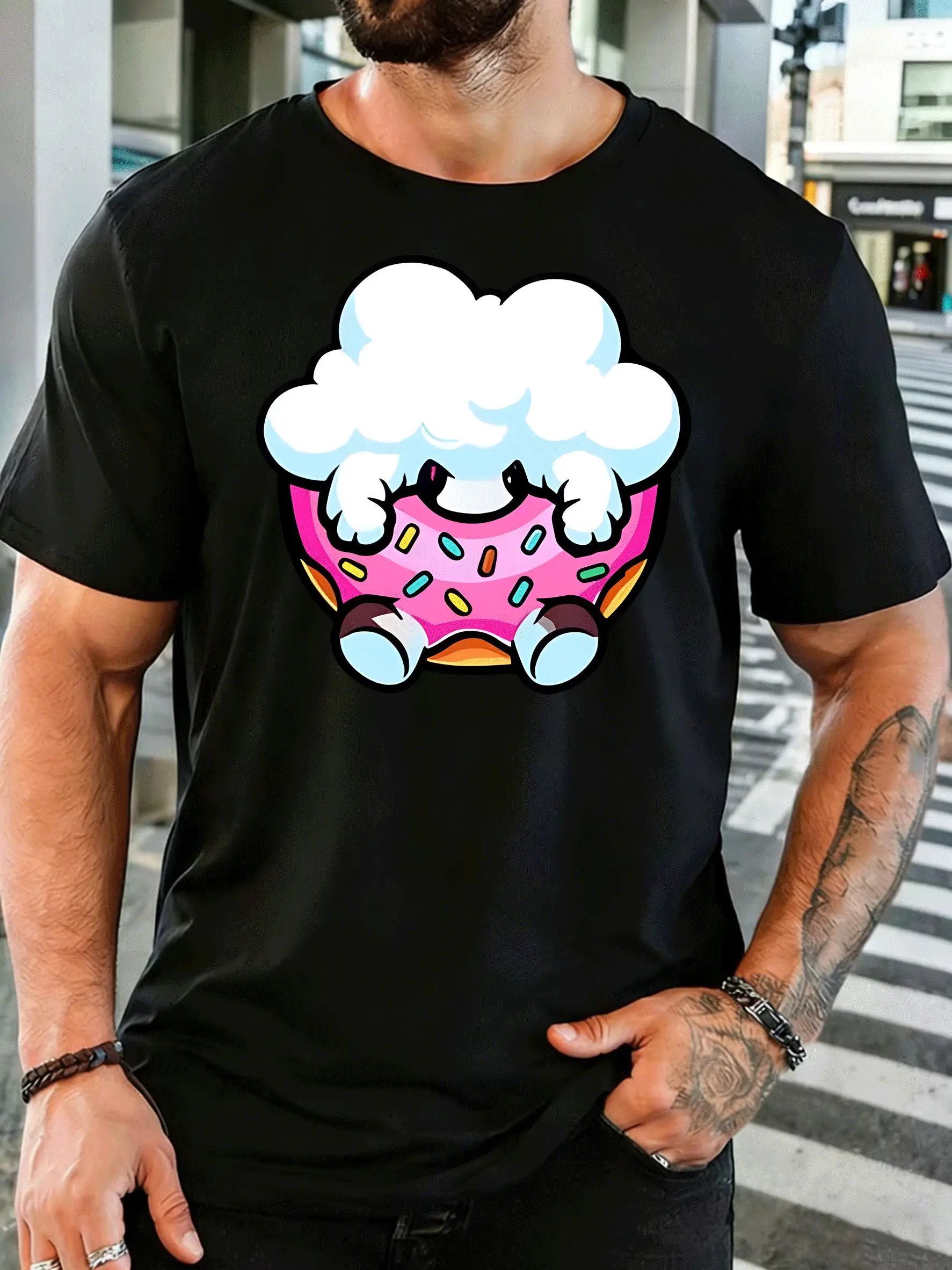 Cute Cartoon Hiding In Pink Donut Mens Front Print T Shirt Sweet Dessert Graphic Tee Casual Short Sleeve Top Food Lover Gift