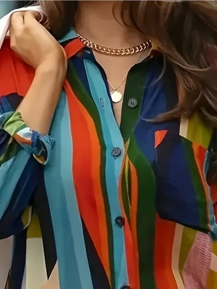 플러스 사이즈 1XL-5XL 여성 다채로운 기하학 인쇄 긴팔 셔츠 대형 캐주얼 프론트 버튼 비치웨어