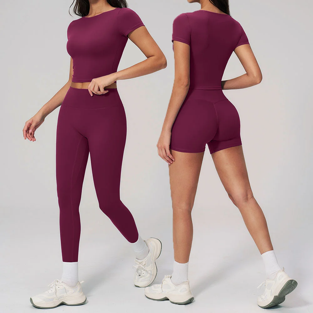 

Yoga Set Two Piece Short Sleeve Yoga Suit Women's Athletic Wear Gym Workout Tops Running Sports Shorts High Waist Leggings Set