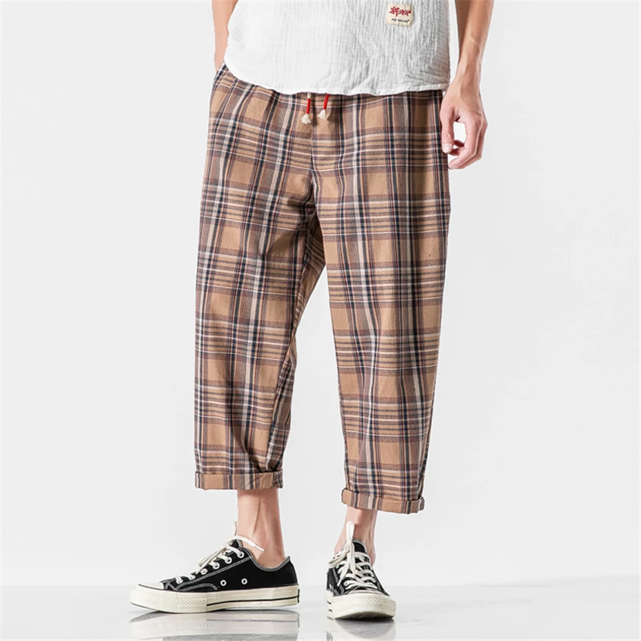 Harajuku Harem Pants Men Hip Hop Streetwear Plaid Pants Male Fashion Casual Loose Ankle-length Pants Elastic Waist