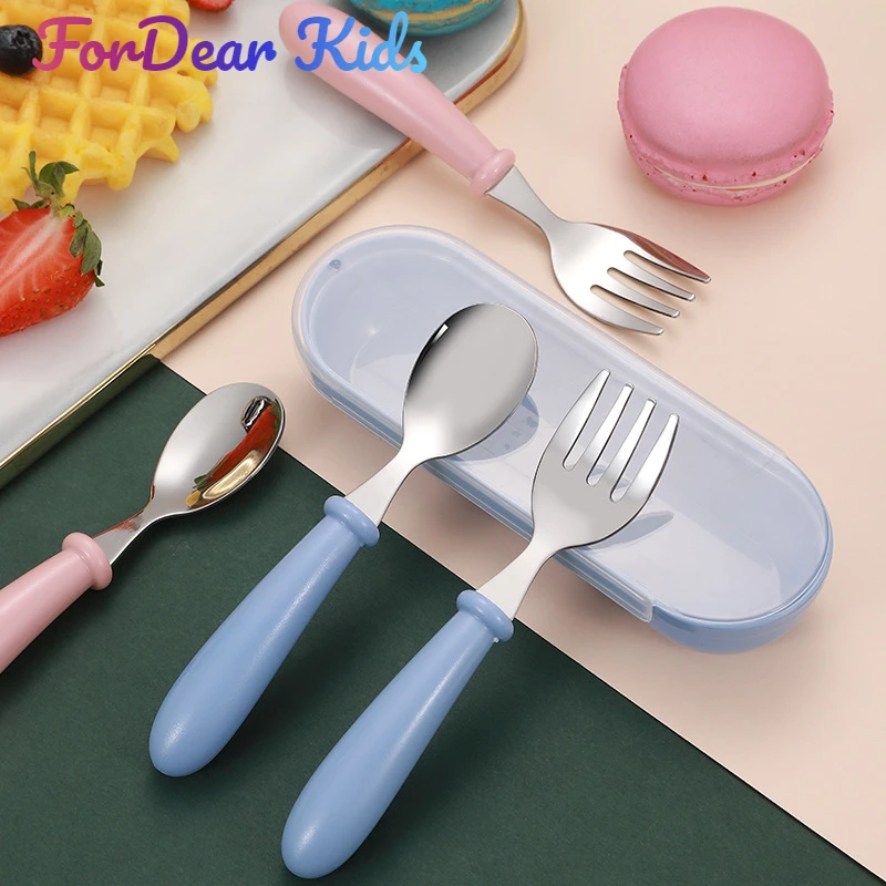 3pcs Children Spoon Forks Box Kids Stainless Steel Kids Cutlery Portable Baby Feeding Utensils Baby Spoons Baby Tableware Set