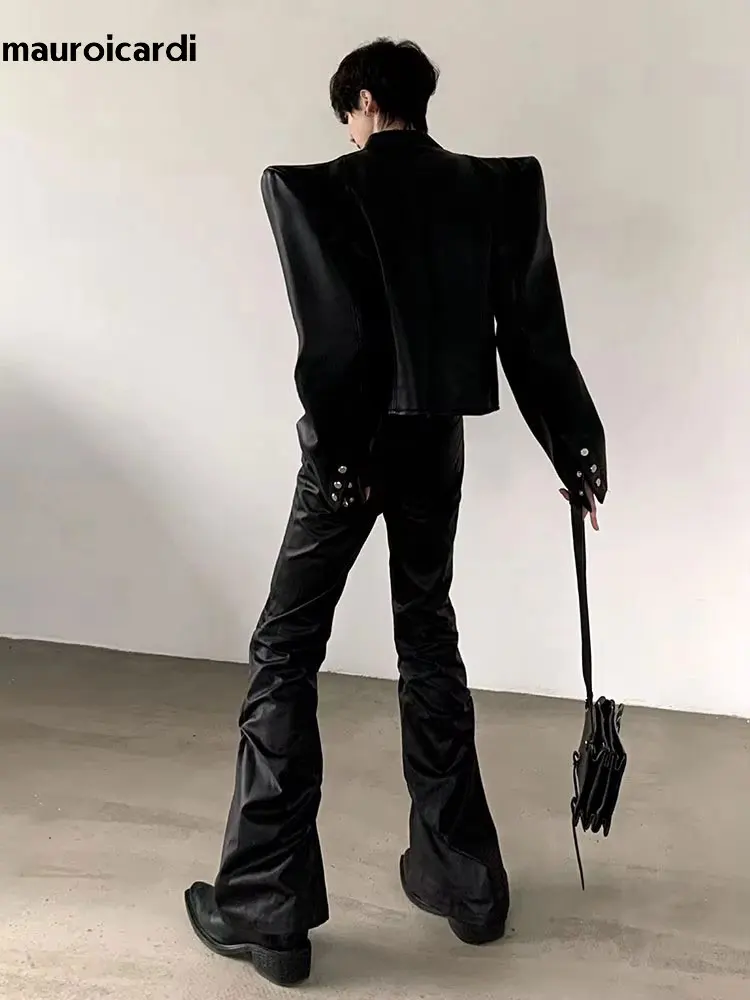 Mauroicardi Spring Black Short Pu Leather Jacket Men Shoulder Pads Zip Up Fashion Luxury Brands Original Emo Streetwear Clothing