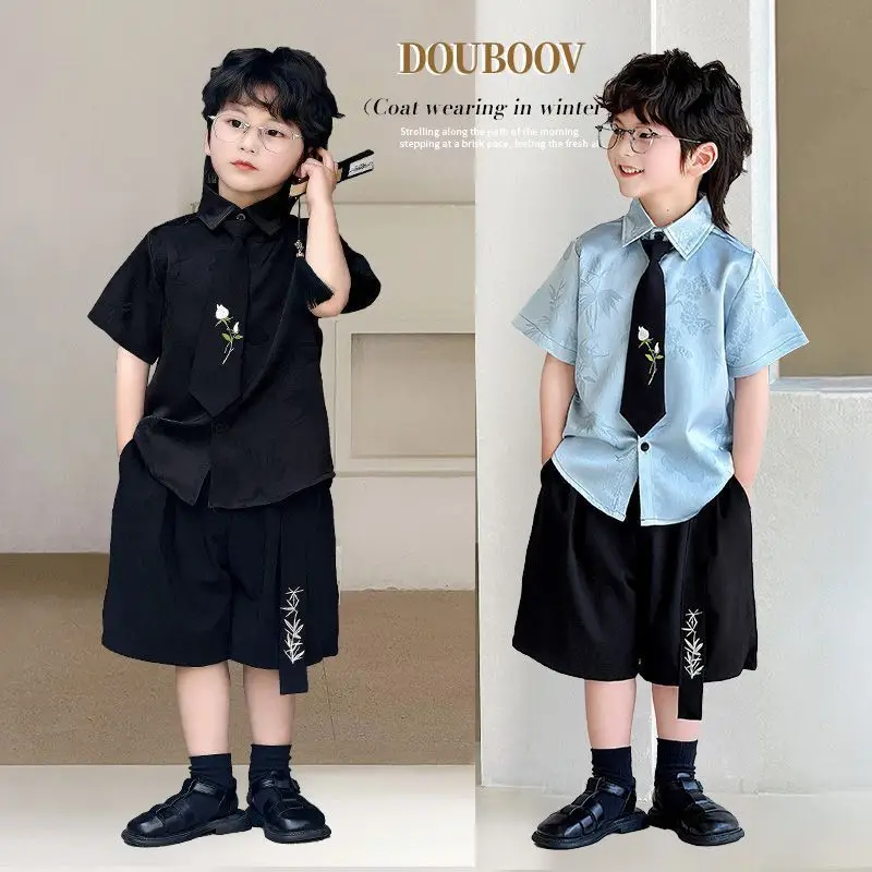 2 PCS set Summer Boys Clothing set Embroidery Shirt+Shorts Tie Kid Children baby toddler Handsome Suits clothes 2-15 years