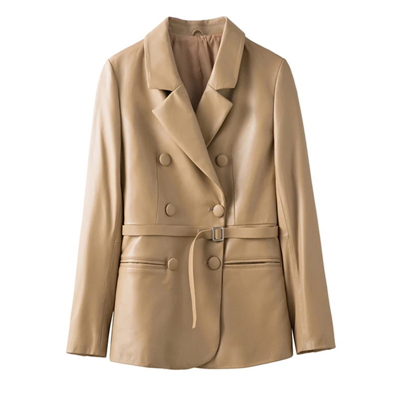 Julypalette-Blazer de piel de cordero para mujer, chaqueta de piel auténtica con cinturón de doble botonadura, moda de otoño, 2023