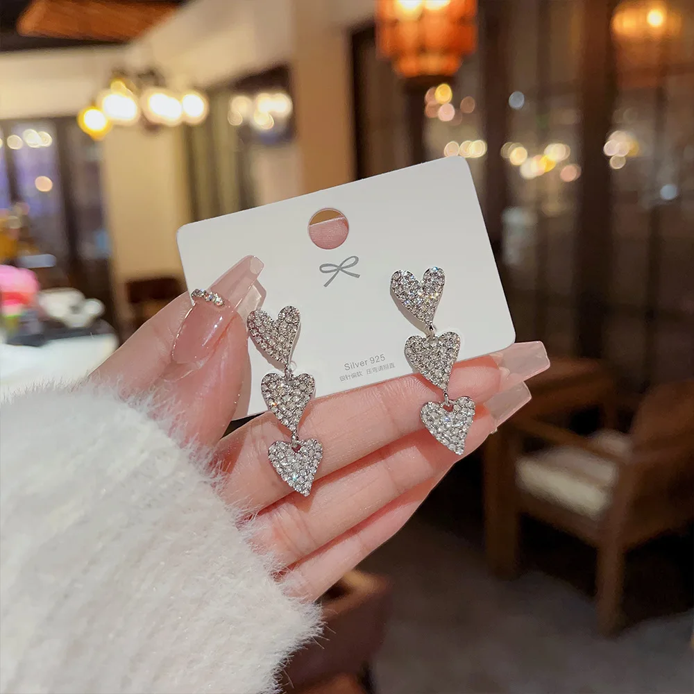 Full Crystal Rhinestone Three Layers Heart Drop Earring for Women Geometric Elegant Sweet Jewelry Girl Friend Gift