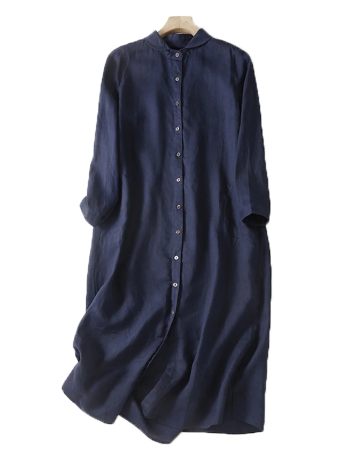 Décontracté pur lin irt Dr poupée col t-shirt quart Sve longue Dr printemps été a-ligne jupe conception à bouton unique